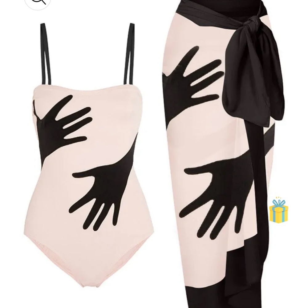 Black and light pink Handprint Swimsuit and Sarong Set